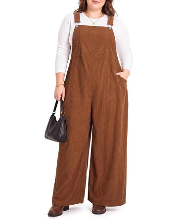 Moon Wood Plus Size Corduroy Overalls for Women Fall Jumpsuits with Pockets - Brown