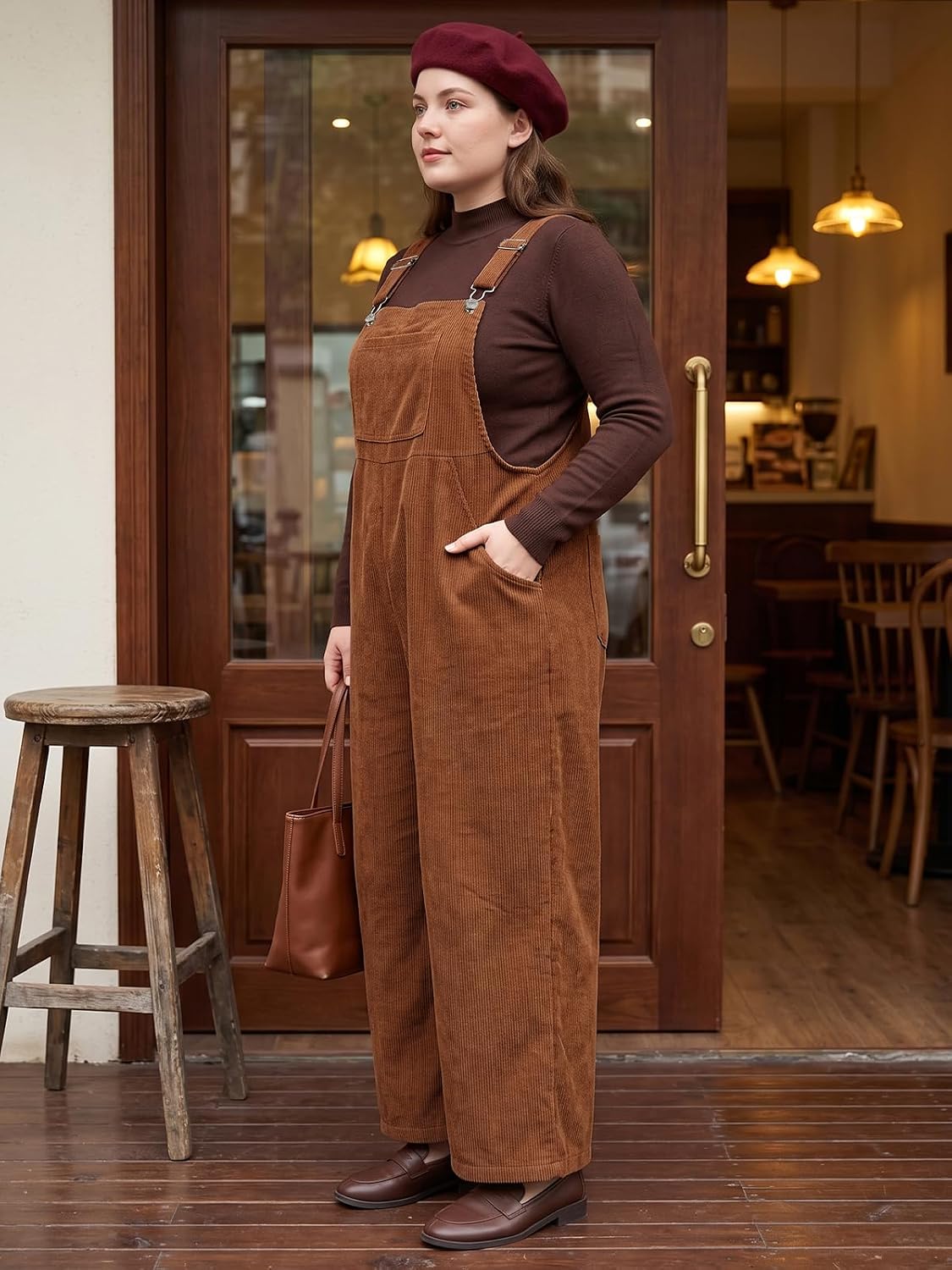 Moon Wood Plus Size Corduroy Overalls for Women Fall Jumpsuits with Pockets - Brown