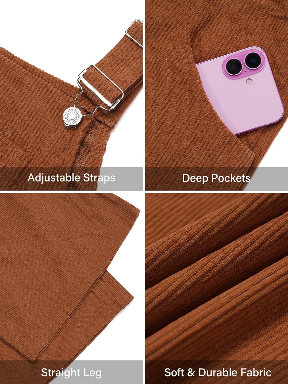 Moon Wood Plus Size Corduroy Overalls for Women Fall Jumpsuits with Pockets - Brown