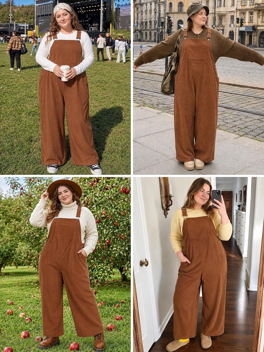 Moon Wood Plus Size Corduroy Overalls for Women Fall Jumpsuits with Pockets - Brown
