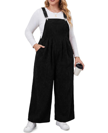 Moon Wood Plus Size Corduroy Overalls Wide Leg Jumpsuits for Women Casual - Black