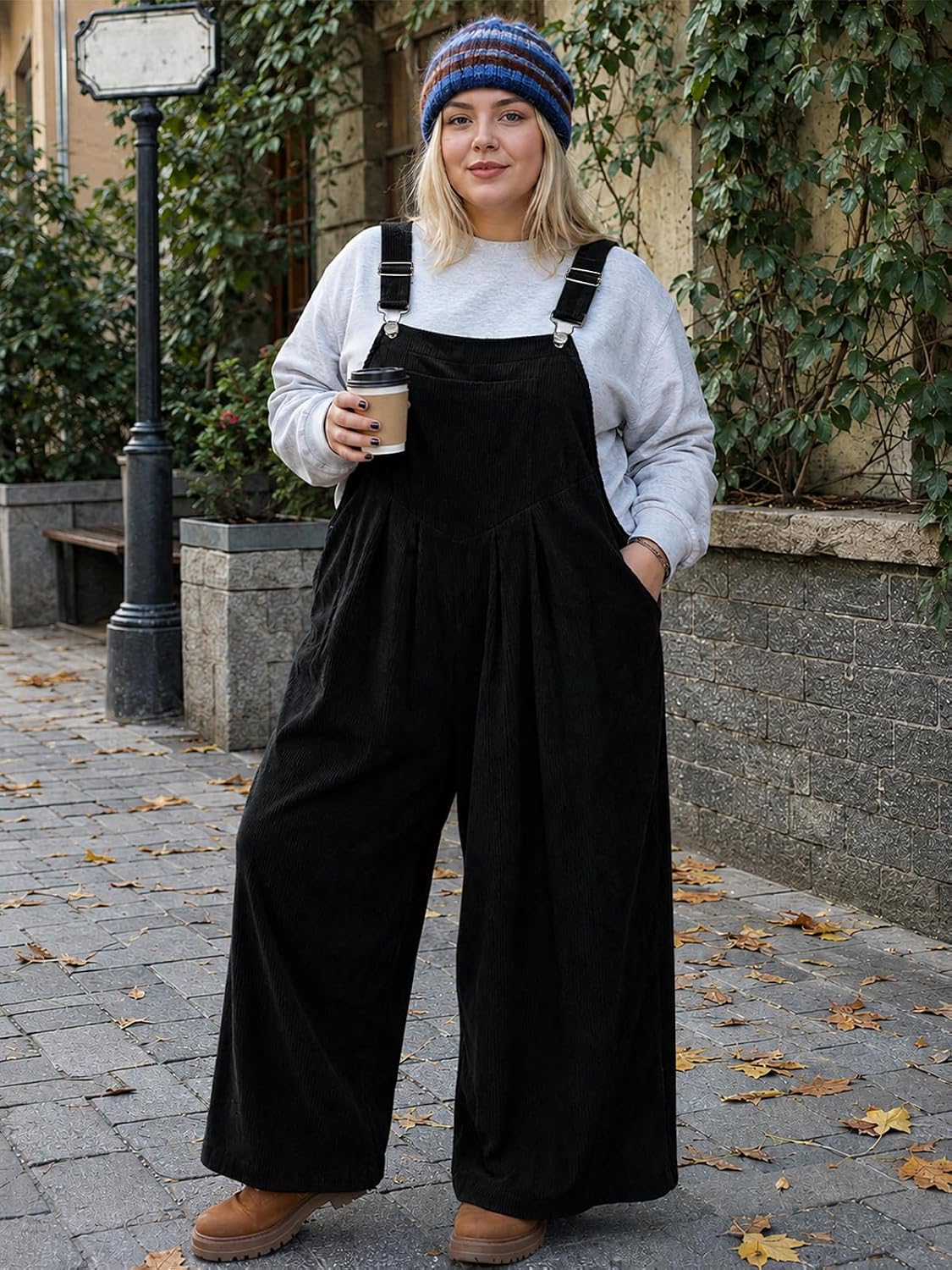 Moon Wood Plus Size Corduroy Overalls Wide Leg Jumpsuits for Women Casual - Black