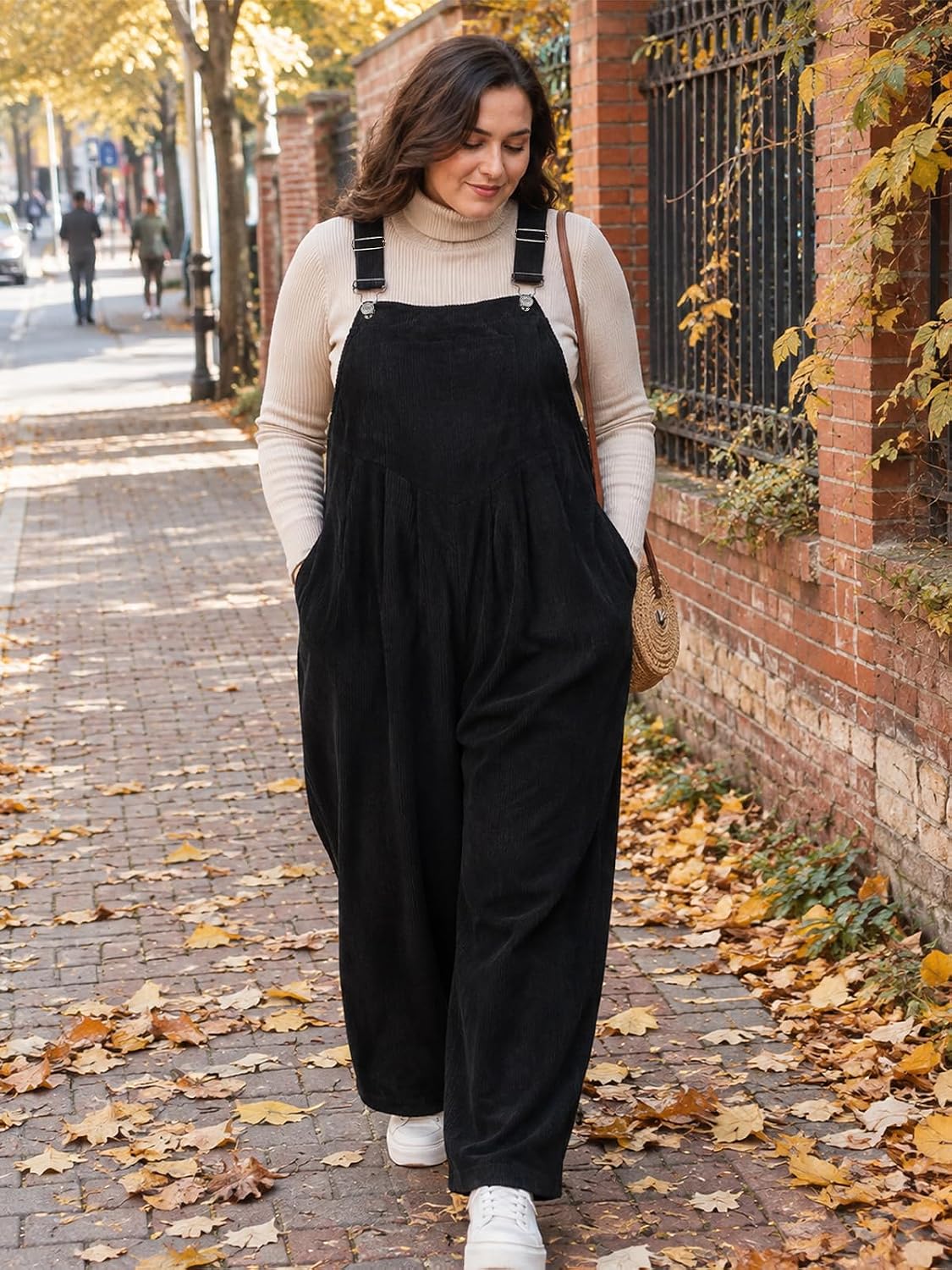 Moon Wood Plus Size Corduroy Overalls Wide Leg Jumpsuits for Women Casual - Black