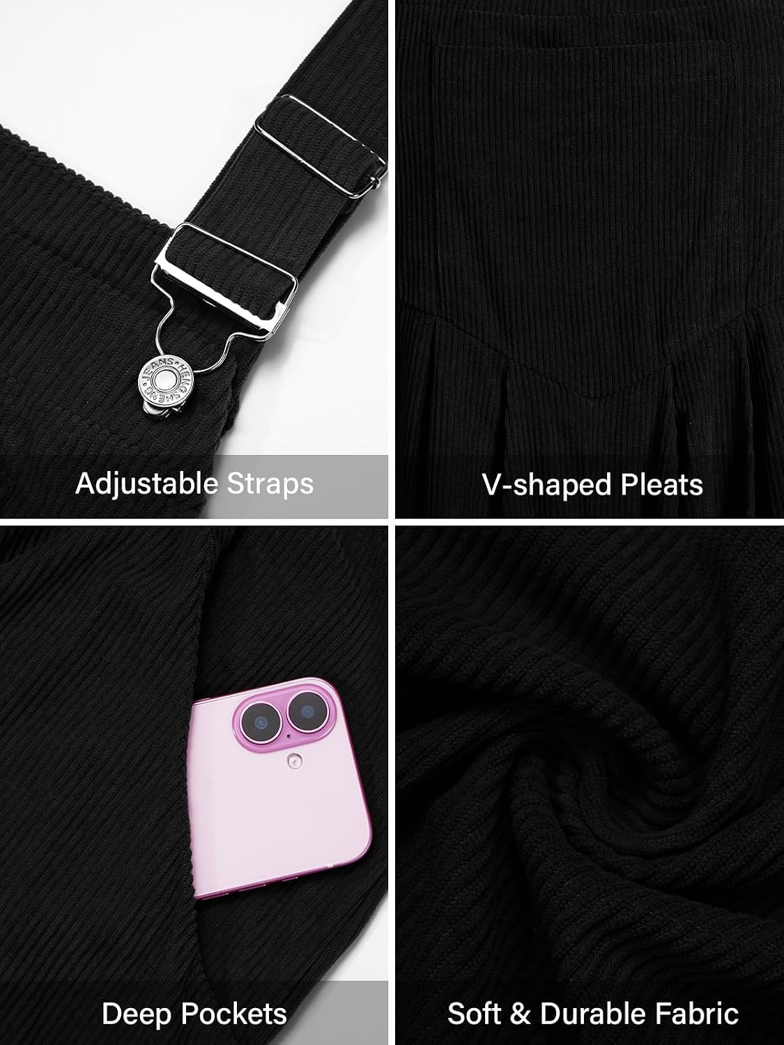 Moon Wood Plus Size Corduroy Overalls Wide Leg Jumpsuits for Women Casual - Black