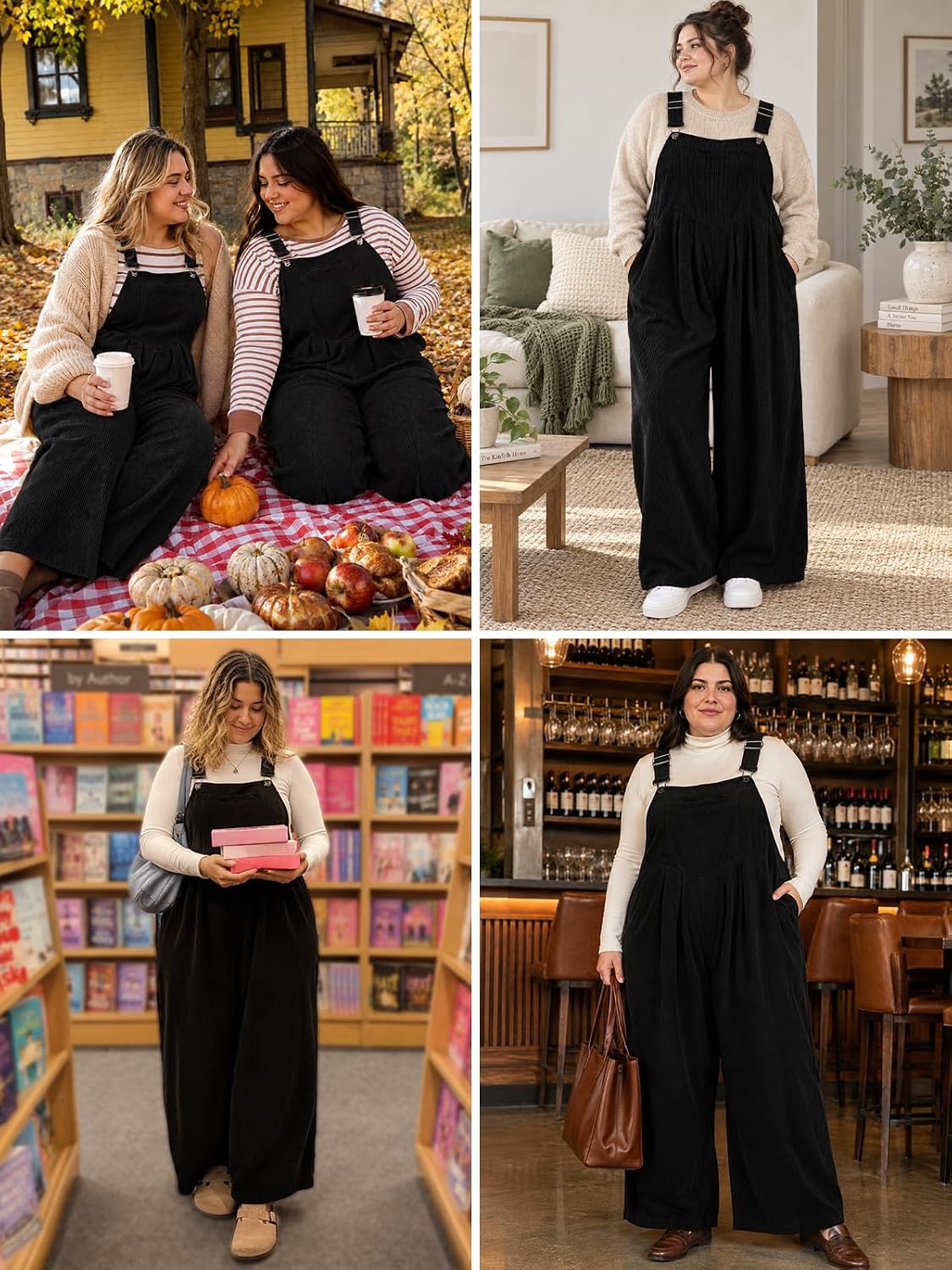 Moon Wood Plus Size Corduroy Overalls Wide Leg Jumpsuits for Women Casual - Black