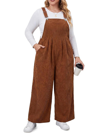 Moon Wood Plus Size Corduroy Overalls Wide Leg Jumpsuits for Women Casual - Coffee