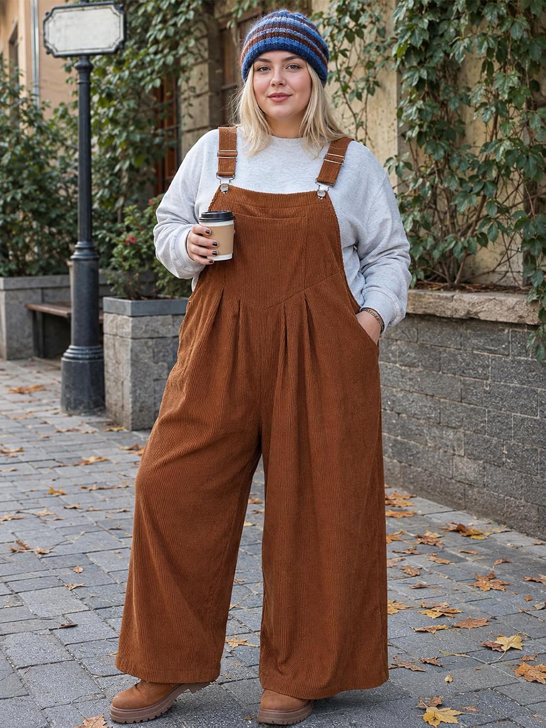 Moon Wood Plus Size Corduroy Overalls Wide Leg Jumpsuits for Women Casual - Coffee