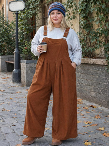 Moon Wood Plus Size Corduroy Overalls Wide Leg Jumpsuits for Women Casual - Coffee