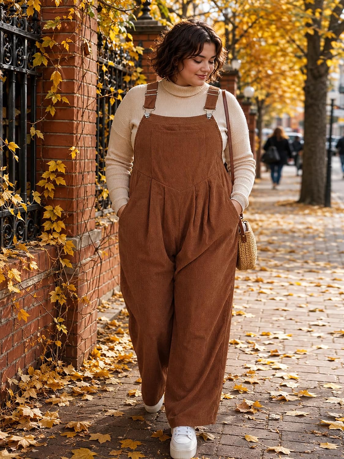 Moon Wood Plus Size Corduroy Overalls Wide Leg Jumpsuits for Women Casual - Coffee