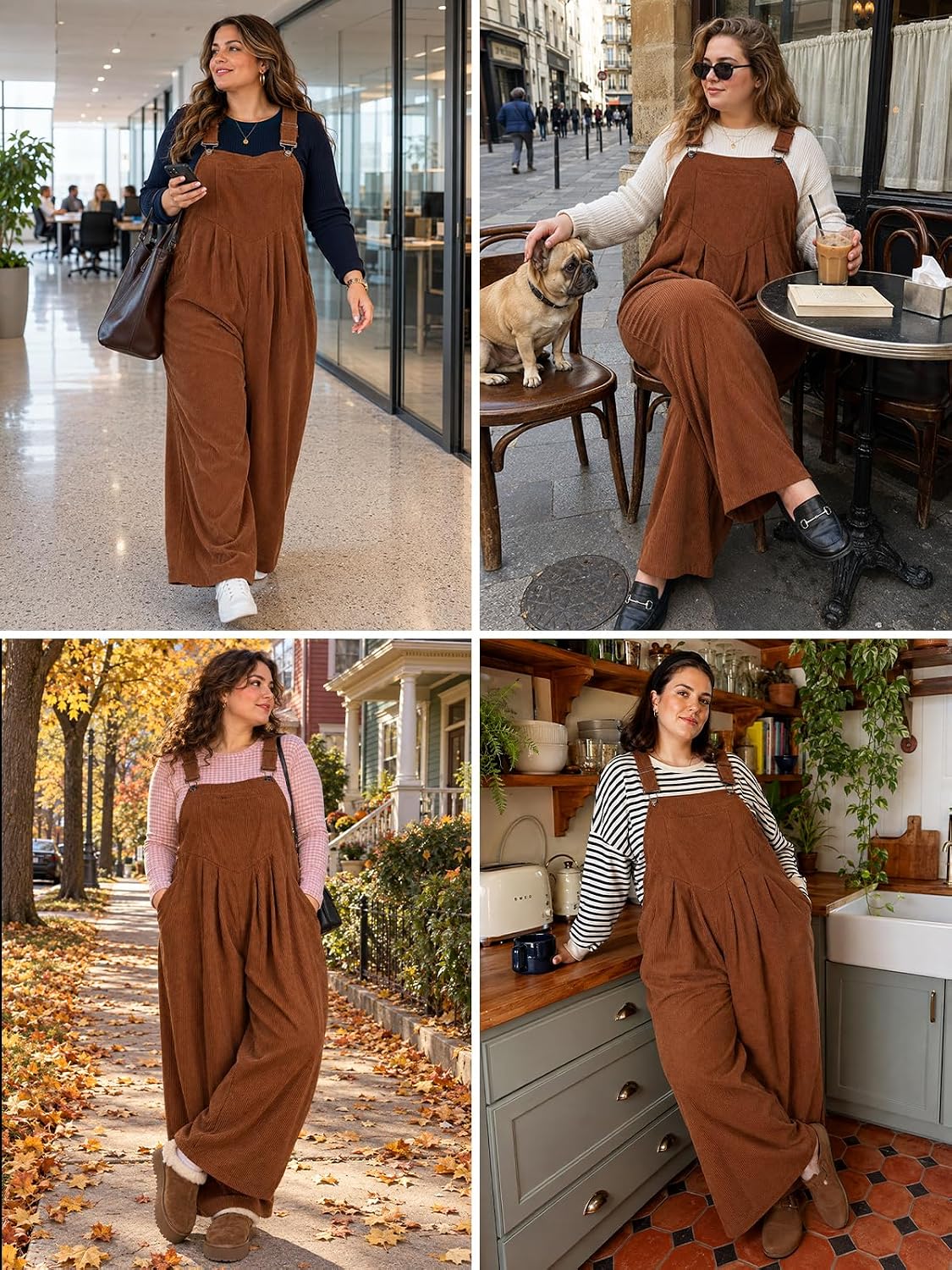 Moon Wood Plus Size Corduroy Overalls Wide Leg Jumpsuits for Women Casual - Coffee