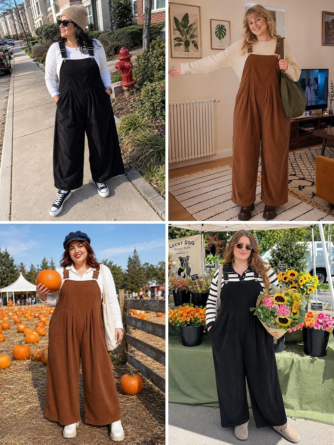 Moon Wood Plus Size Corduroy Overalls Wide Leg Jumpsuits for Women Casual - Coffee