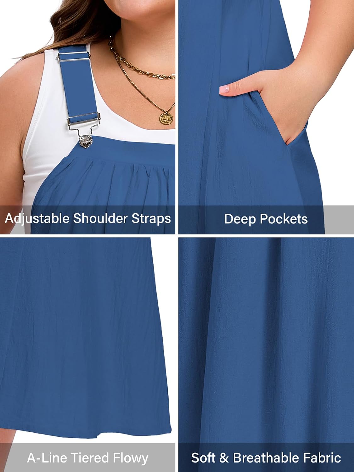 Moon Wood Plus Size Cotton Overall Dress in Royal Blue - Additional View 7