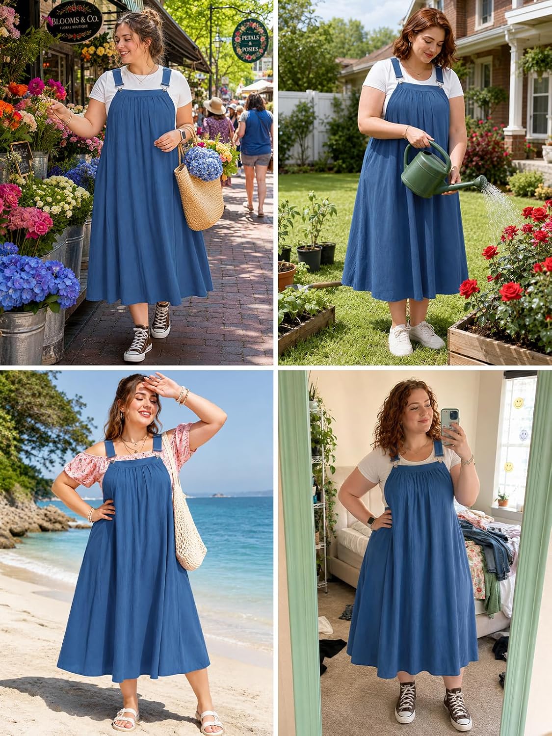 Moon Wood Plus Size Cotton Overall Dress in Royal Blue - Additional View 9
