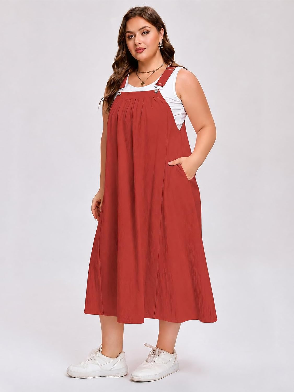 Plus Size Cotton Overall Dress with Pockets - Rust