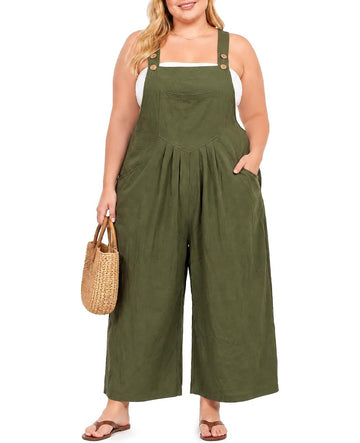Moon Wood Plus Size Cotton Overalls for Women Summer Jumpsuit with Pockets - Army Green - view 1