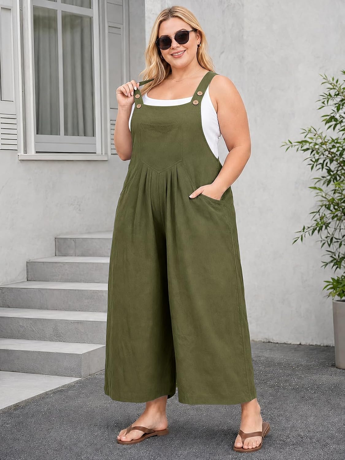 Moon Wood Plus Size Cotton Overalls for Women Summer Jumpsuit with Pockets - Army Green - view 2