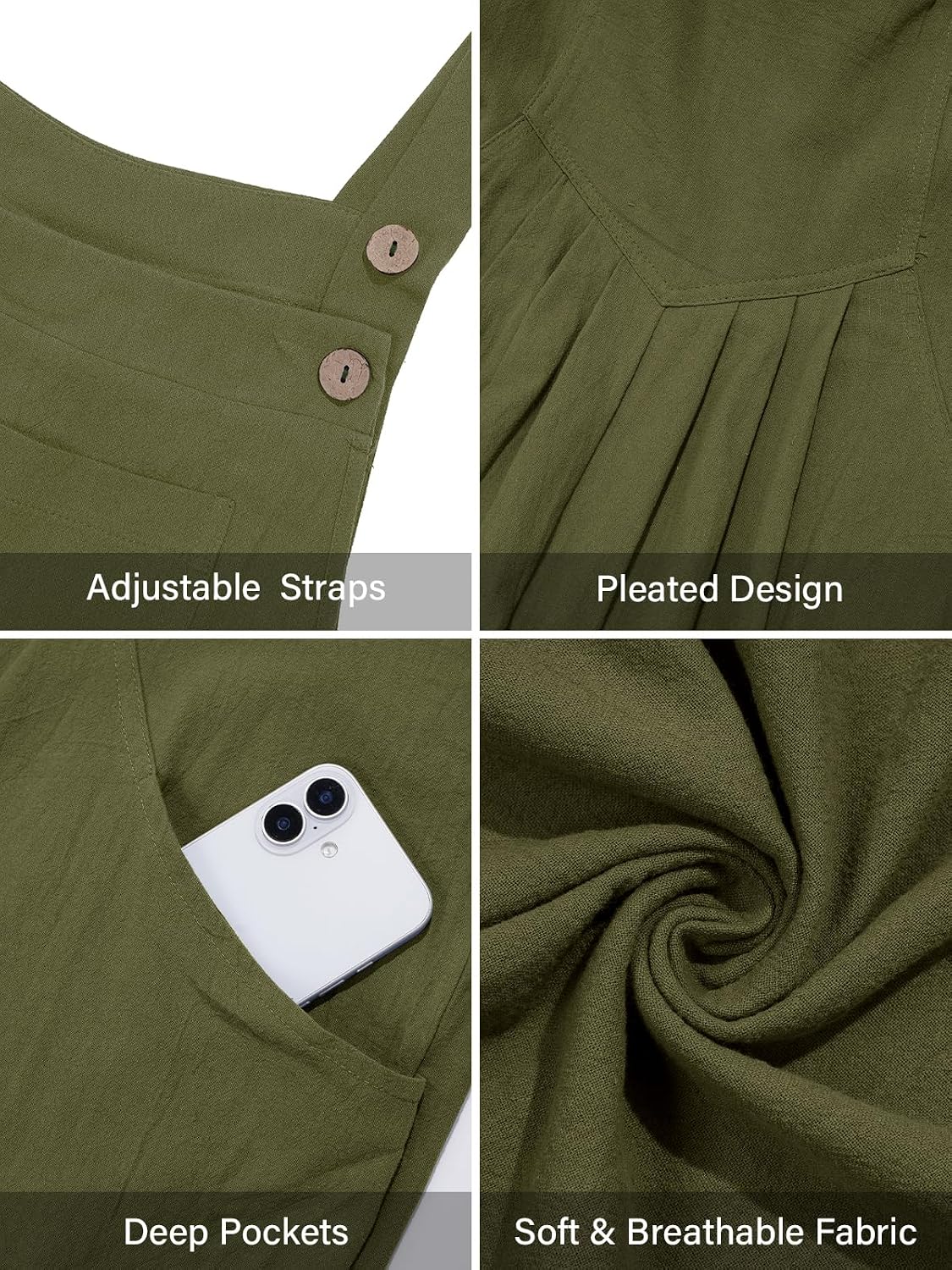 Moon Wood Plus Size Cotton Overalls for Women Summer Jumpsuit with Pockets - Army Green - view 4