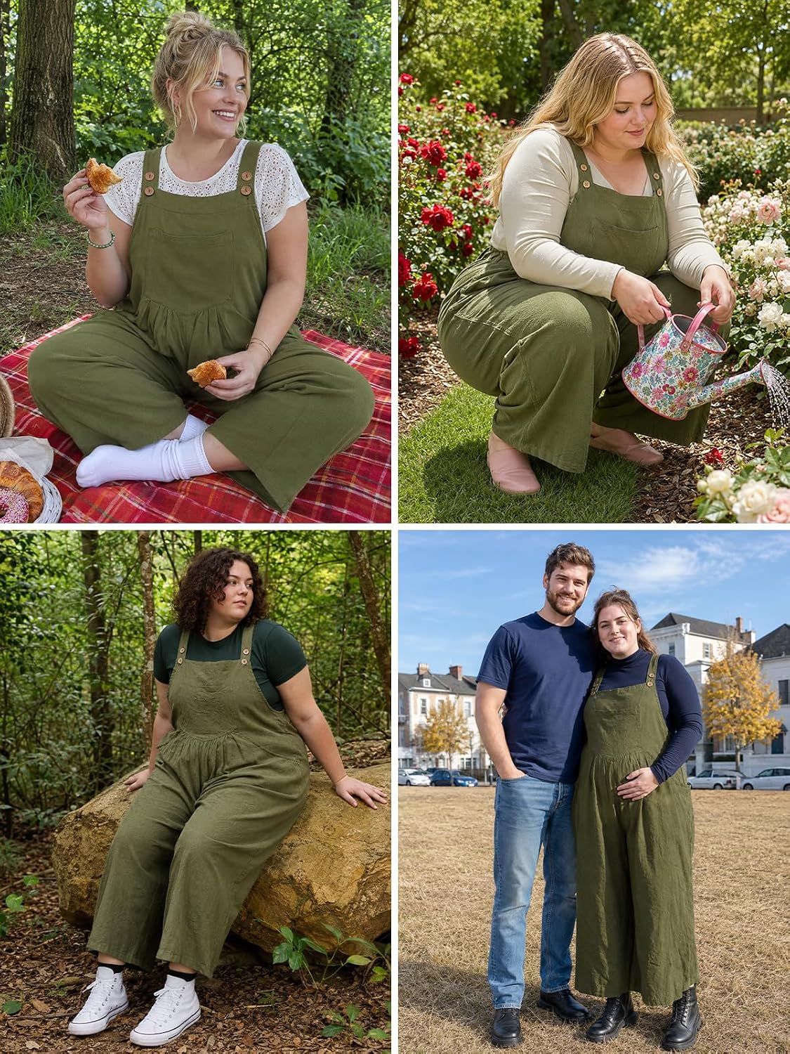 Moon Wood Plus Size Cotton Overalls for Women Summer Jumpsuit with Pockets - Army Green - view 5