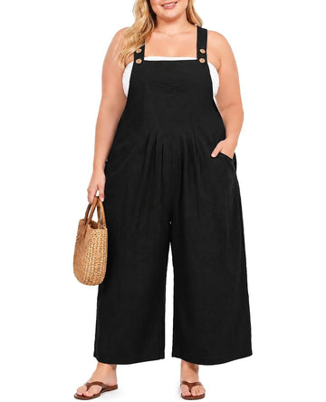 Moon Wood Plus Size Cotton Overalls for Women Summer Jumpsuit with Pockets - Black - view 1
