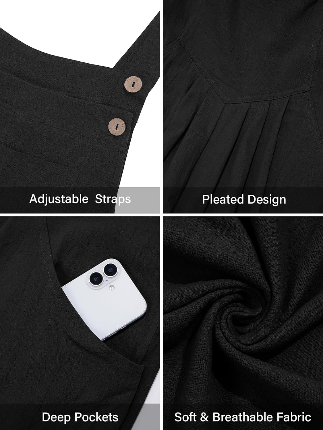 Moon Wood Plus Size Cotton Overalls for Women Summer Jumpsuit with Pockets - Black - view 4