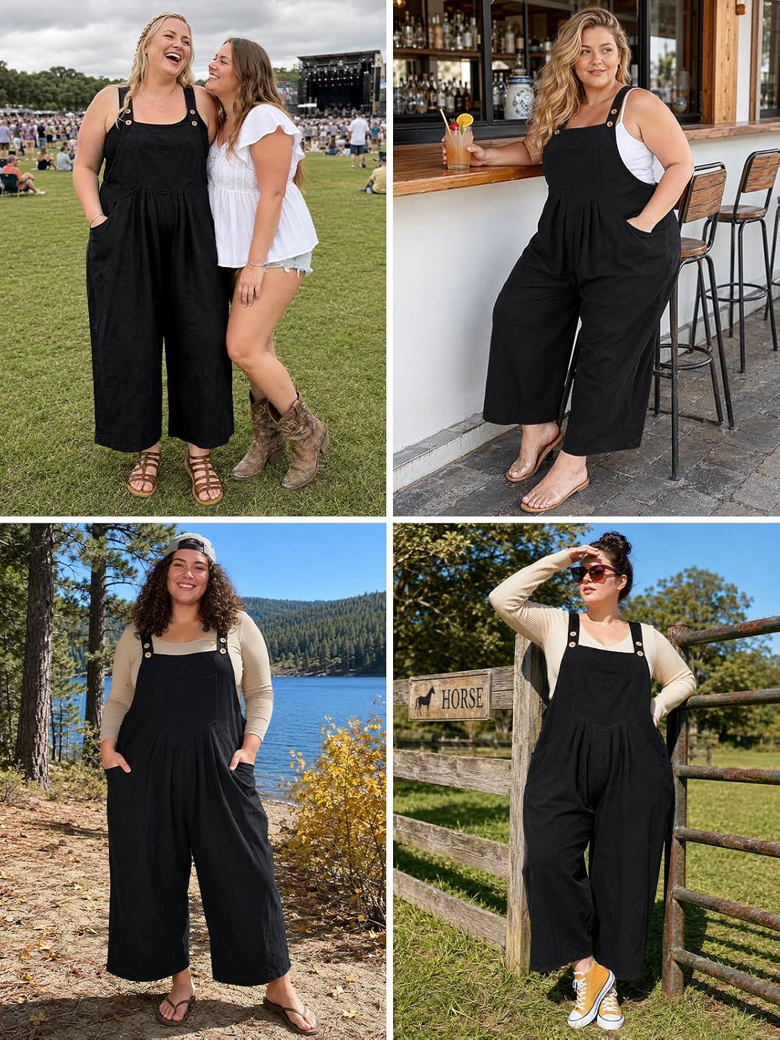 Moon Wood Plus Size Cotton Overalls for Women Summer Jumpsuit with Pockets - Black - view 5