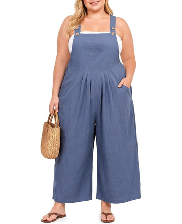 Moon Wood Plus Size Cotton Overalls for Women Summer Jumpsuit with Pockets - Blue - view 1