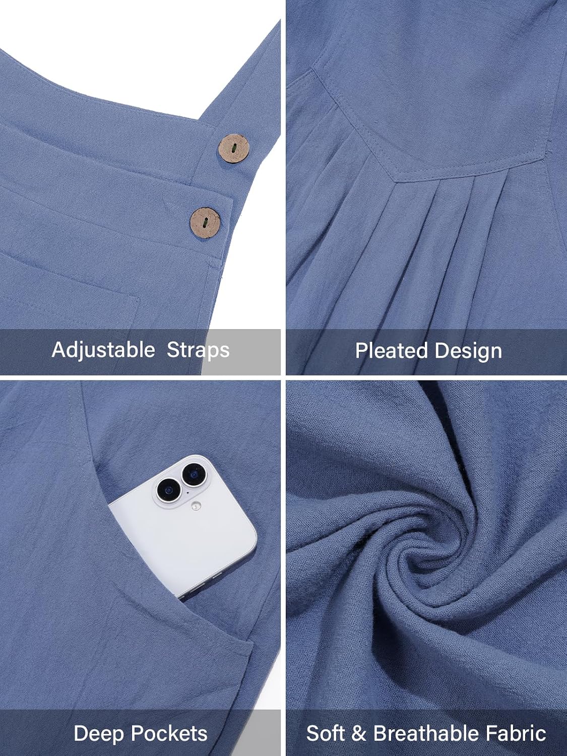 Moon Wood Plus Size Cotton Overalls for Women Summer Jumpsuit with Pockets - Blue - view 4