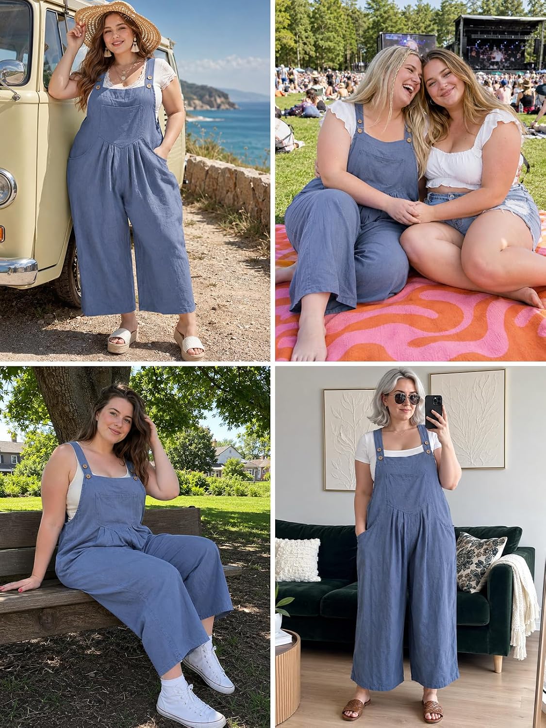 Moon Wood Plus Size Cotton Overalls for Women Summer Jumpsuit with Pockets - Blue - view 5
