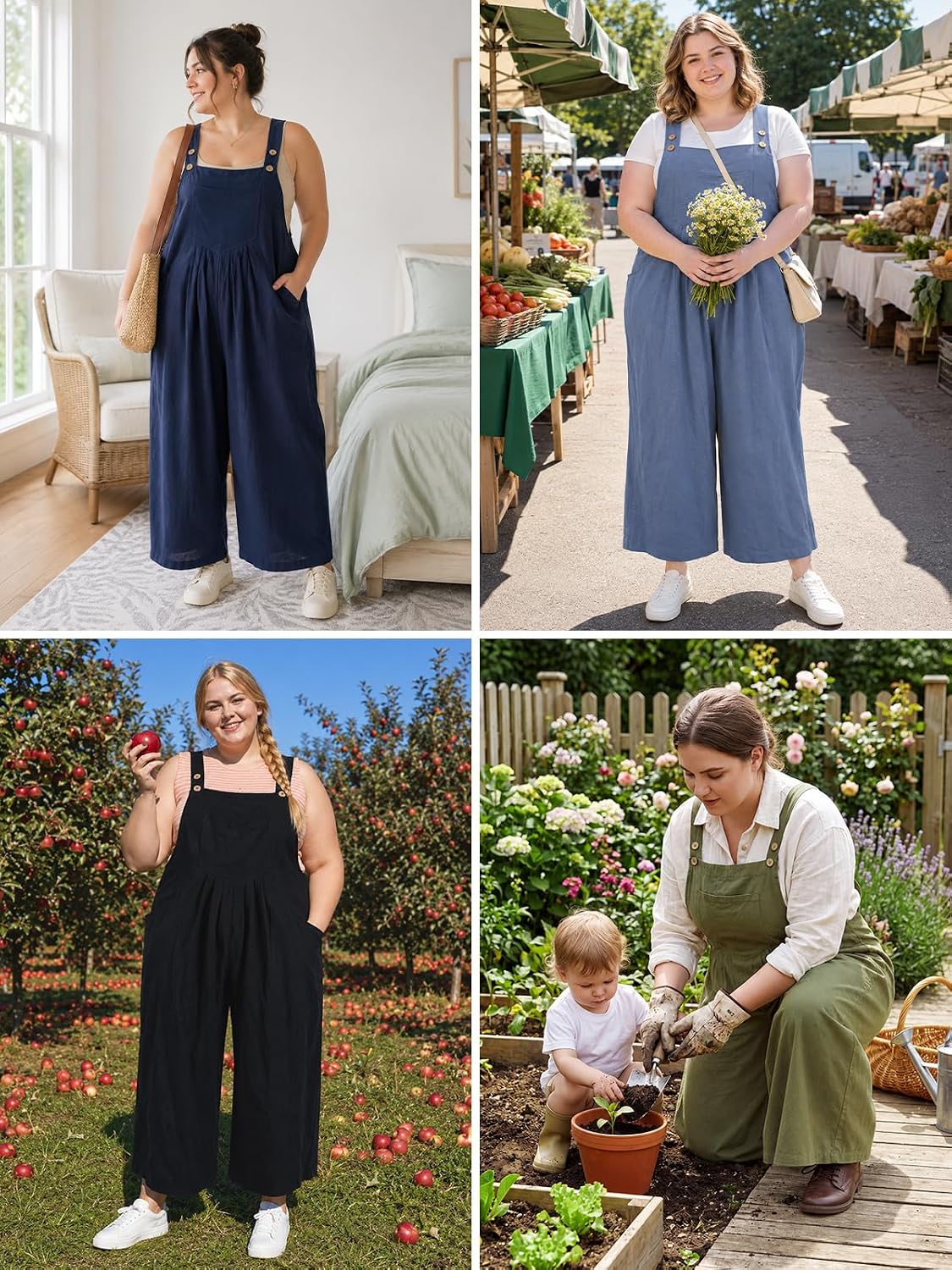 Moon Wood Plus Size Cotton Overalls for Women Summer Jumpsuit with Pockets - Blue - view 6