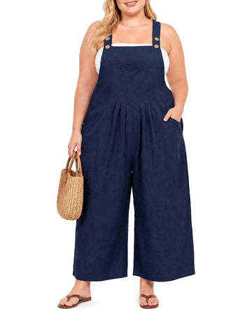 Moon Wood Plus Size Cotton Overalls for Women Summer Jumpsuit with Pockets - Navy Blue - view 1