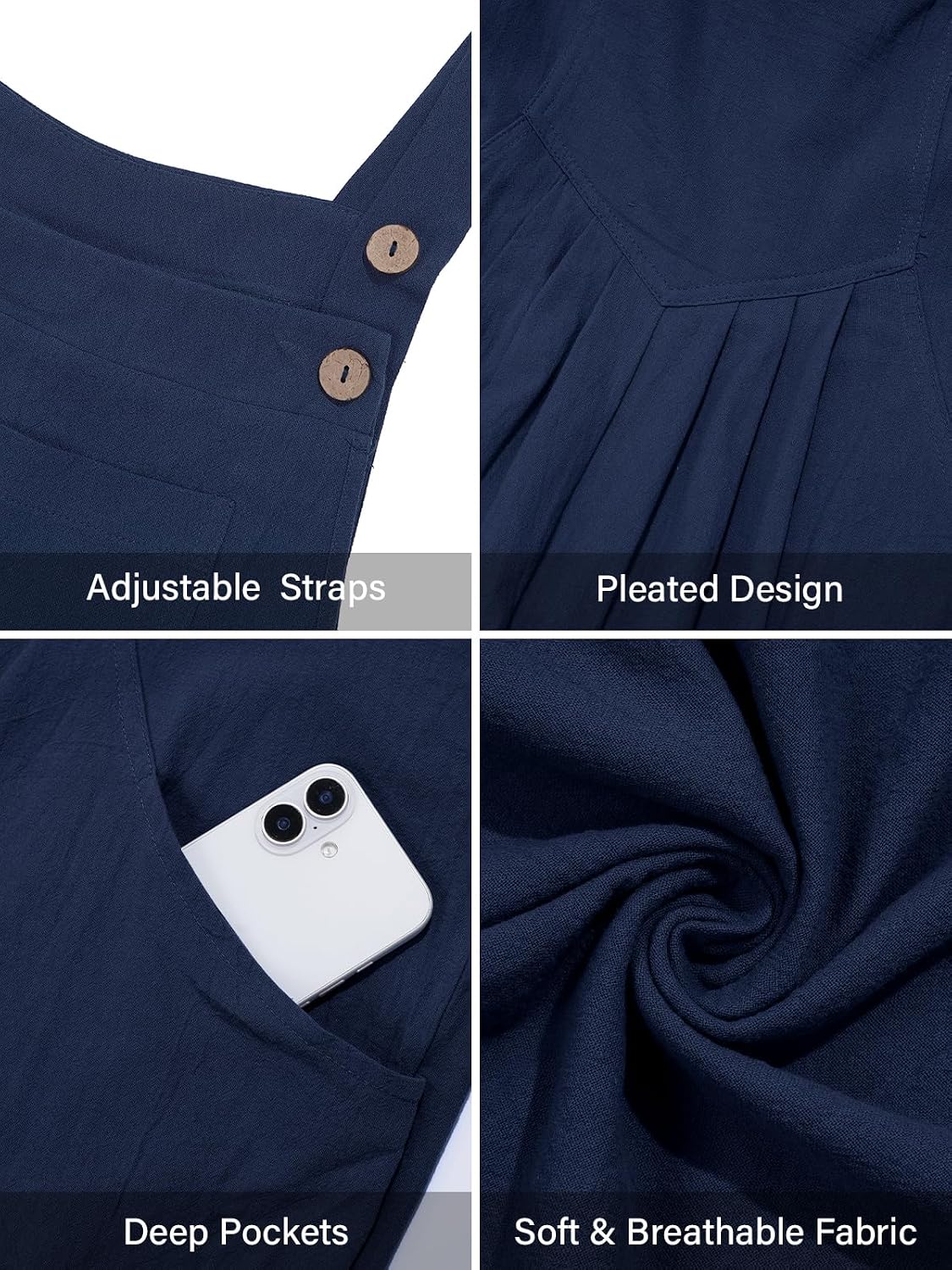 Moon Wood Plus Size Cotton Overalls for Women Summer Jumpsuit with Pockets - Navy Blue - view 4