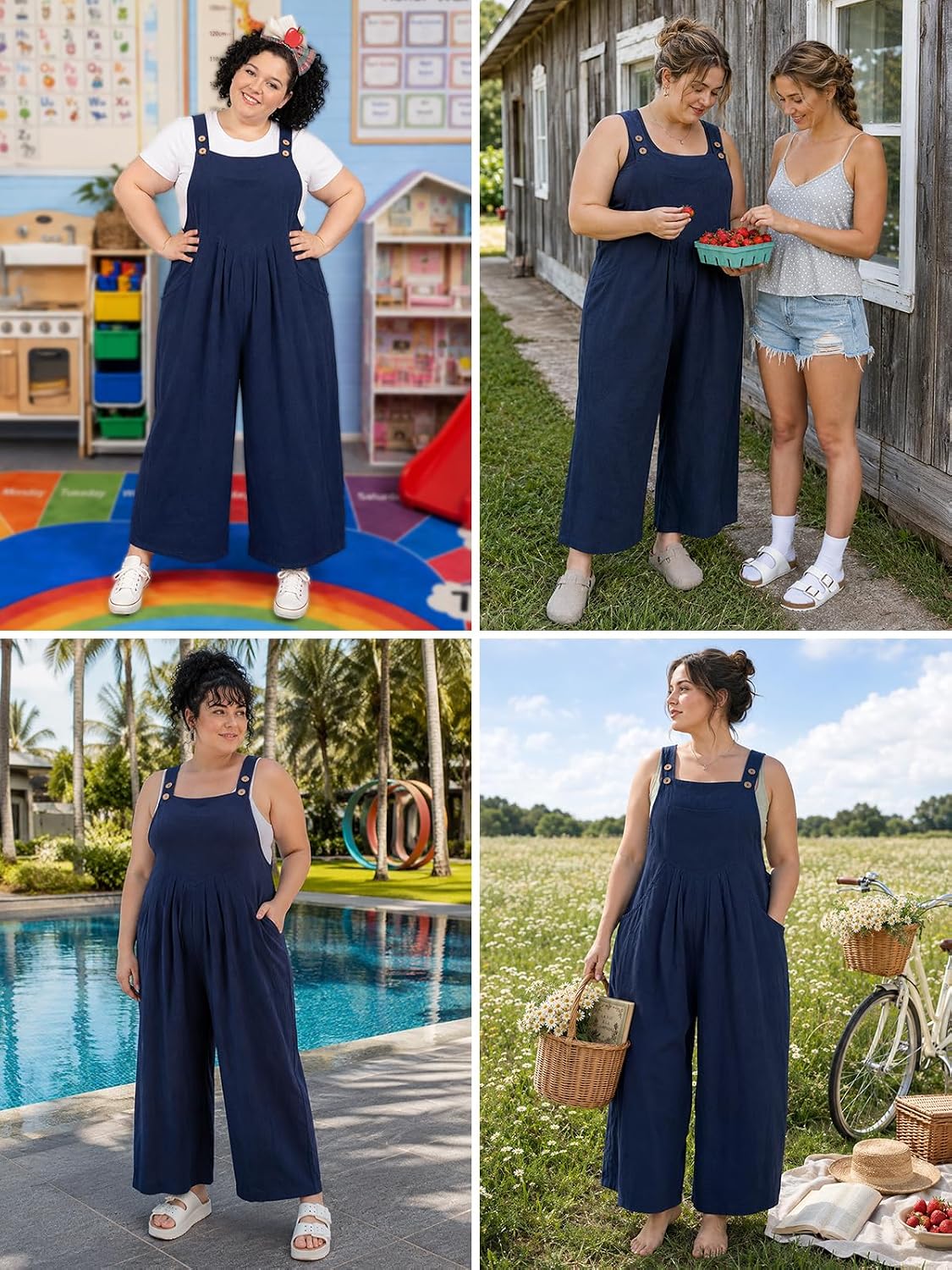 Moon Wood Plus Size Cotton Overalls for Women Summer Jumpsuit with Pockets - Navy Blue - view 5
