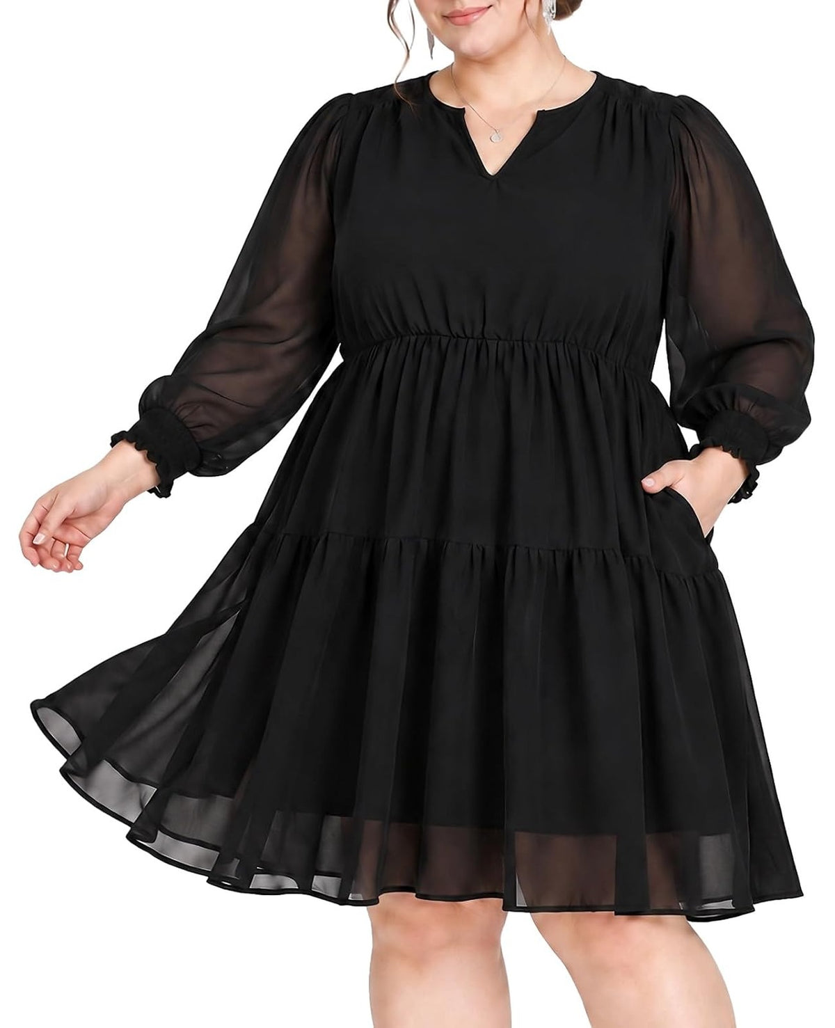 Moon Wood Plus Size Fall Dresses for Womens Long Sleeve Mini Dress with Pockets - Black