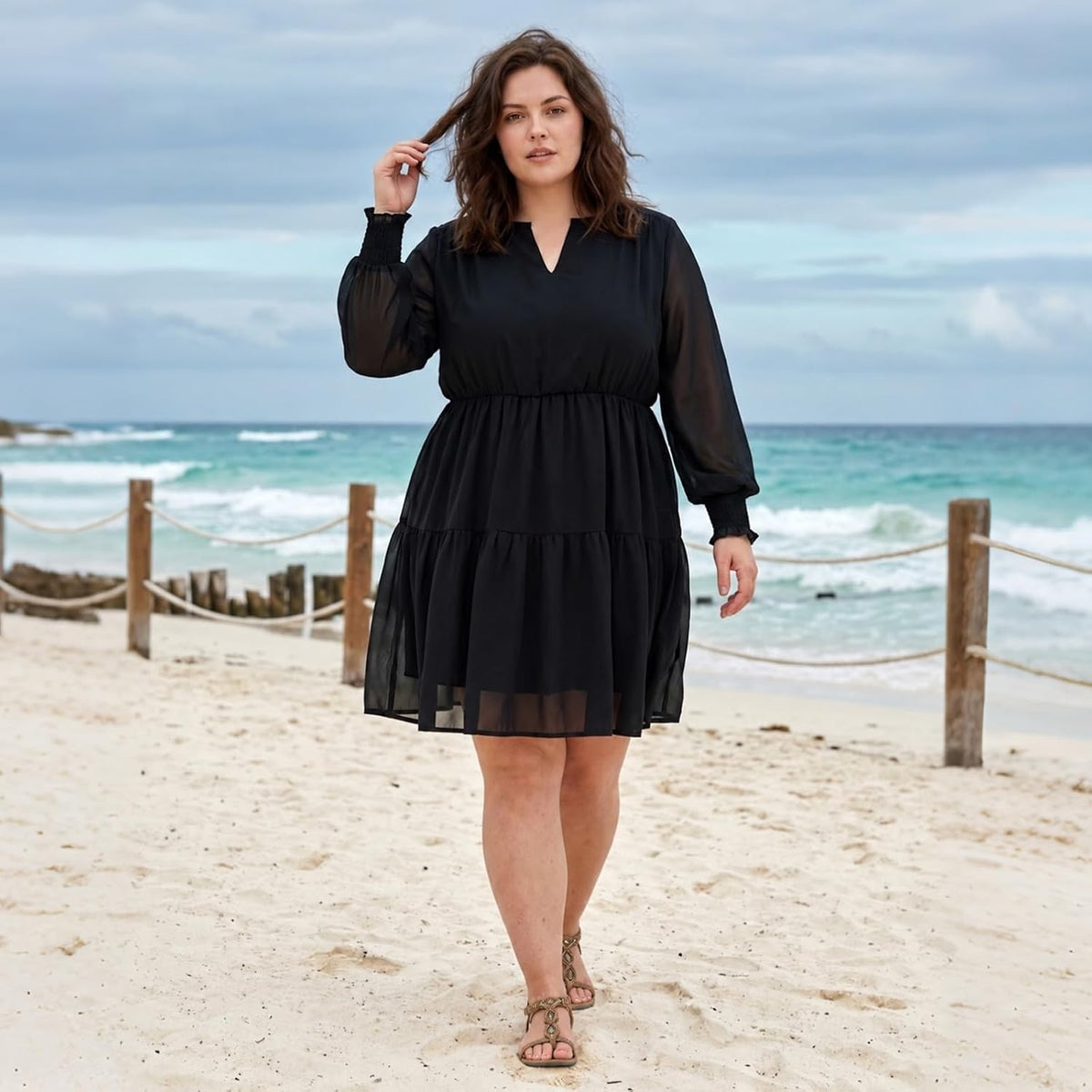 Moon Wood Plus Size Fall Dresses for Womens Long Sleeve Mini Dress with Pockets - Black
