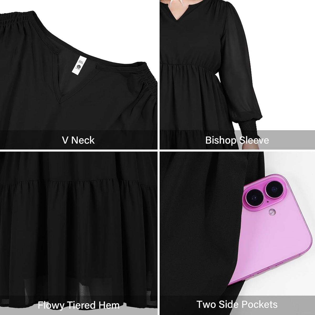 Moon Wood Plus Size Fall Dresses for Womens Long Sleeve Mini Dress with Pockets - Black
