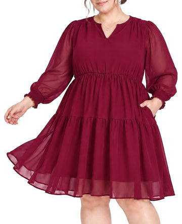 Moon Wood Plus Size Fall Dresses for Womens Long Sleeve Mini Dress with Pockets - Burgundy