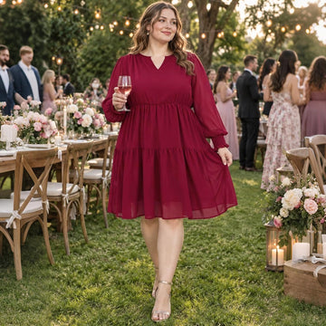Moon Wood Plus Size Fall Dresses for Womens Long Sleeve Mini Dress with Pockets - Burgundy