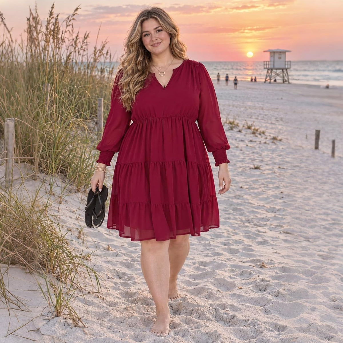 Moon Wood Plus Size Fall Dresses for Womens Long Sleeve Mini Dress with Pockets - Burgundy