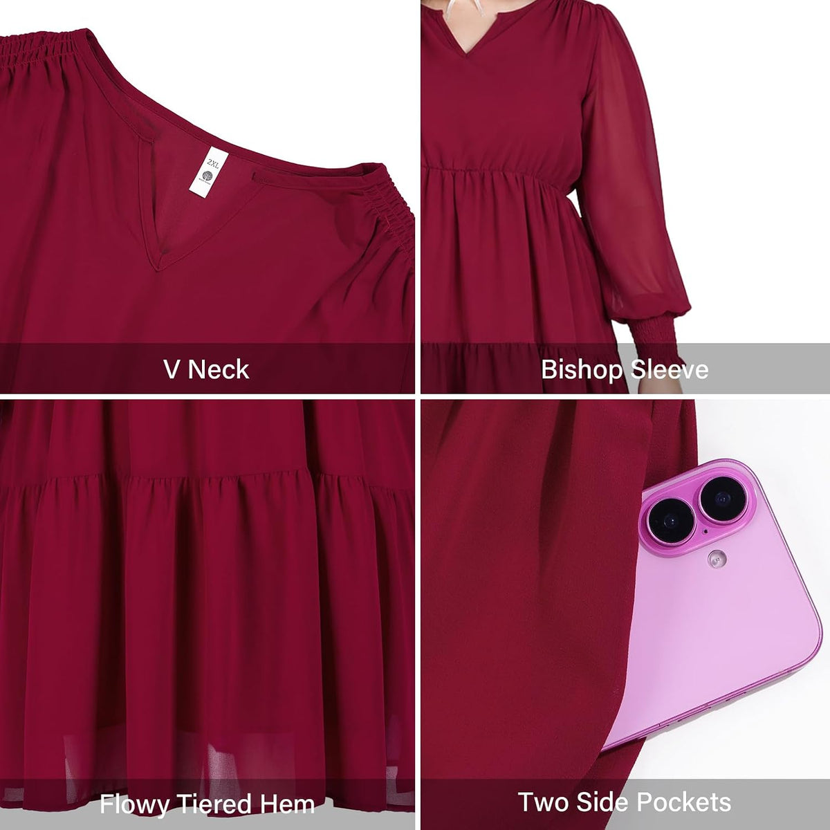 Moon Wood Plus Size Fall Dresses for Womens Long Sleeve Mini Dress with Pockets - Burgundy