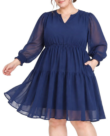 Moon Wood Plus Size Fall Dresses for Womens Long Sleeve Mini Dress with Pockets - Navy