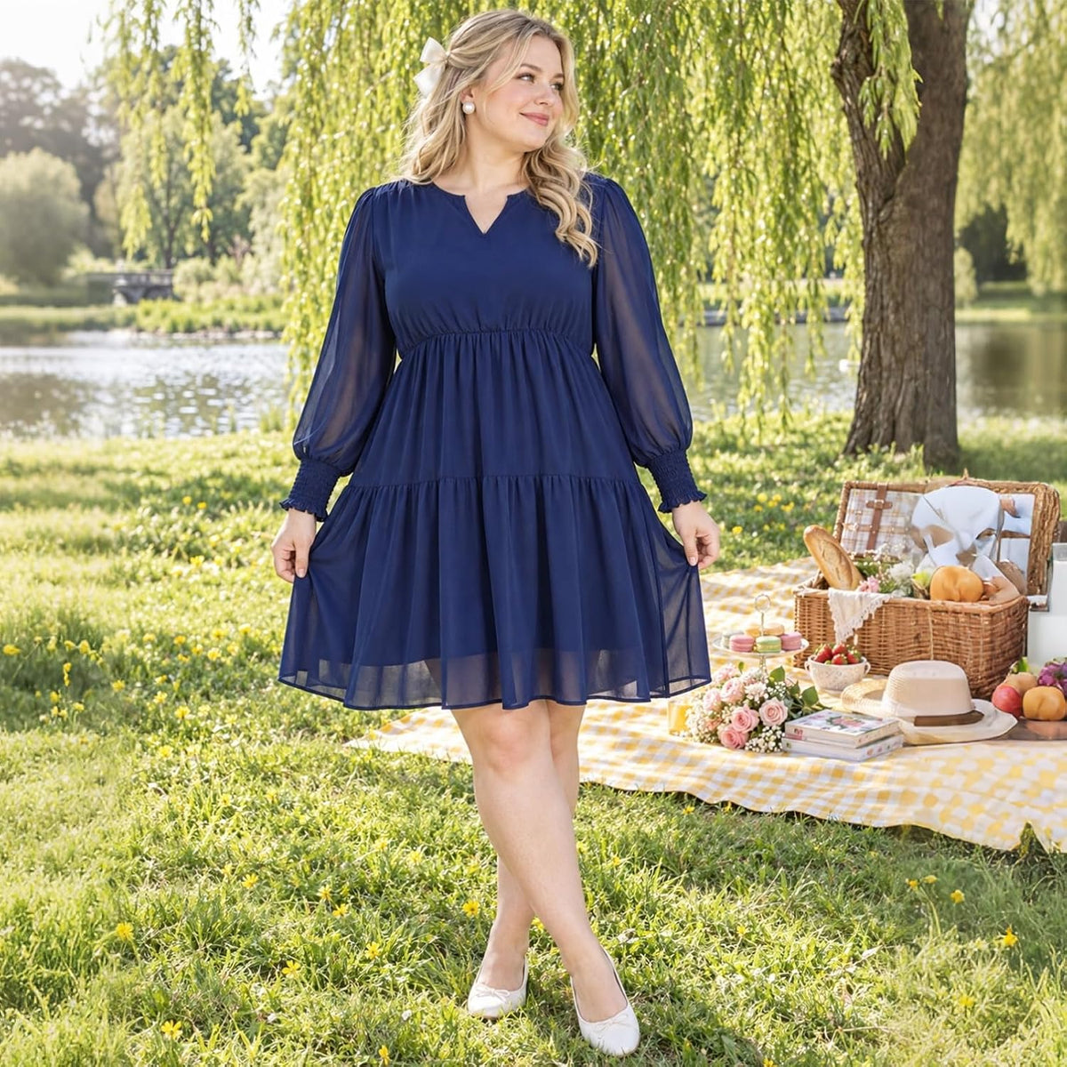 Moon Wood Plus Size Fall Dresses for Womens Long Sleeve Mini Dress with Pockets - Navy