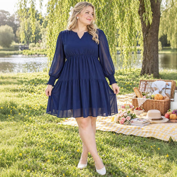 Moon Wood Plus Size Fall Dresses for Womens Long Sleeve Mini Dress with Pockets - Navy