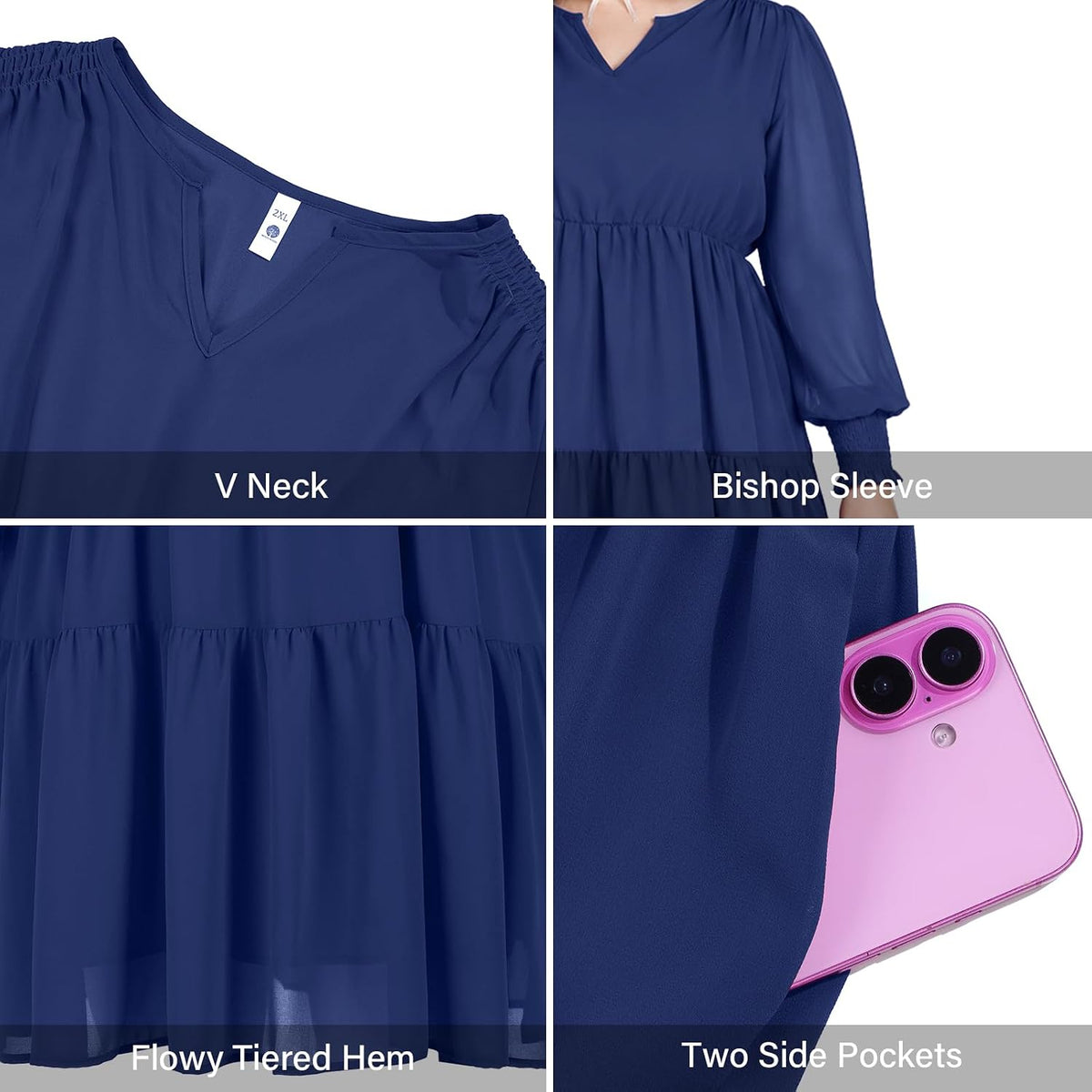 Moon Wood Plus Size Fall Dresses for Womens Long Sleeve Mini Dress with Pockets - Navy