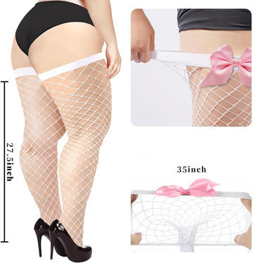 Moon Wood Plus Size Fishnet Stockings with Bows Thigh High Stockings for Women Stay Up Lingerie for Cosplay Tight - White/Pink Bow