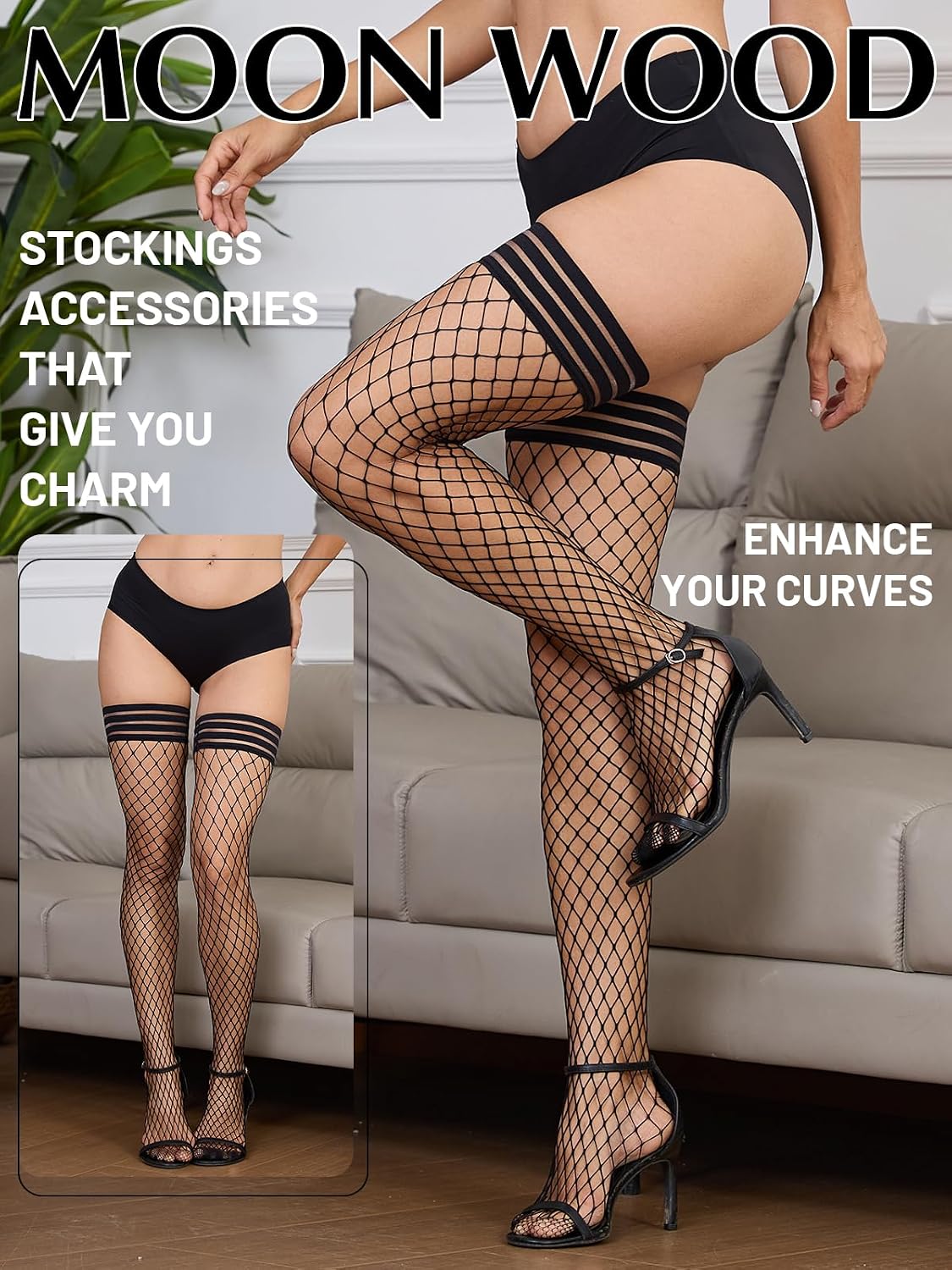 Moon Wood Plus Size Fishnet Thigh High Stockings with Silicone Stay Up Top - Black - view 2