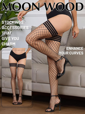 Moon Wood Plus Size Fishnet Thigh High Stockings with Silicone Stay Up Top - Black - view 2