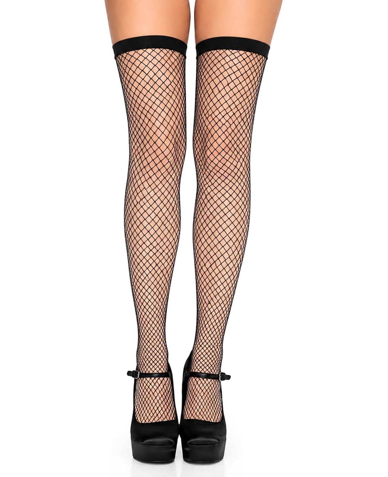 Moon Wood Plus Size Fishnet Thigh High Stockings with Silicone Stay Up Top - Black No Bow - view 1