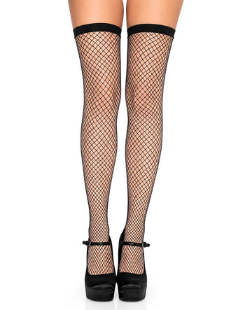 Moon Wood Plus Size Fishnet Thigh High Stockings with Silicone Stay Up Top - Black No Bow - view 1