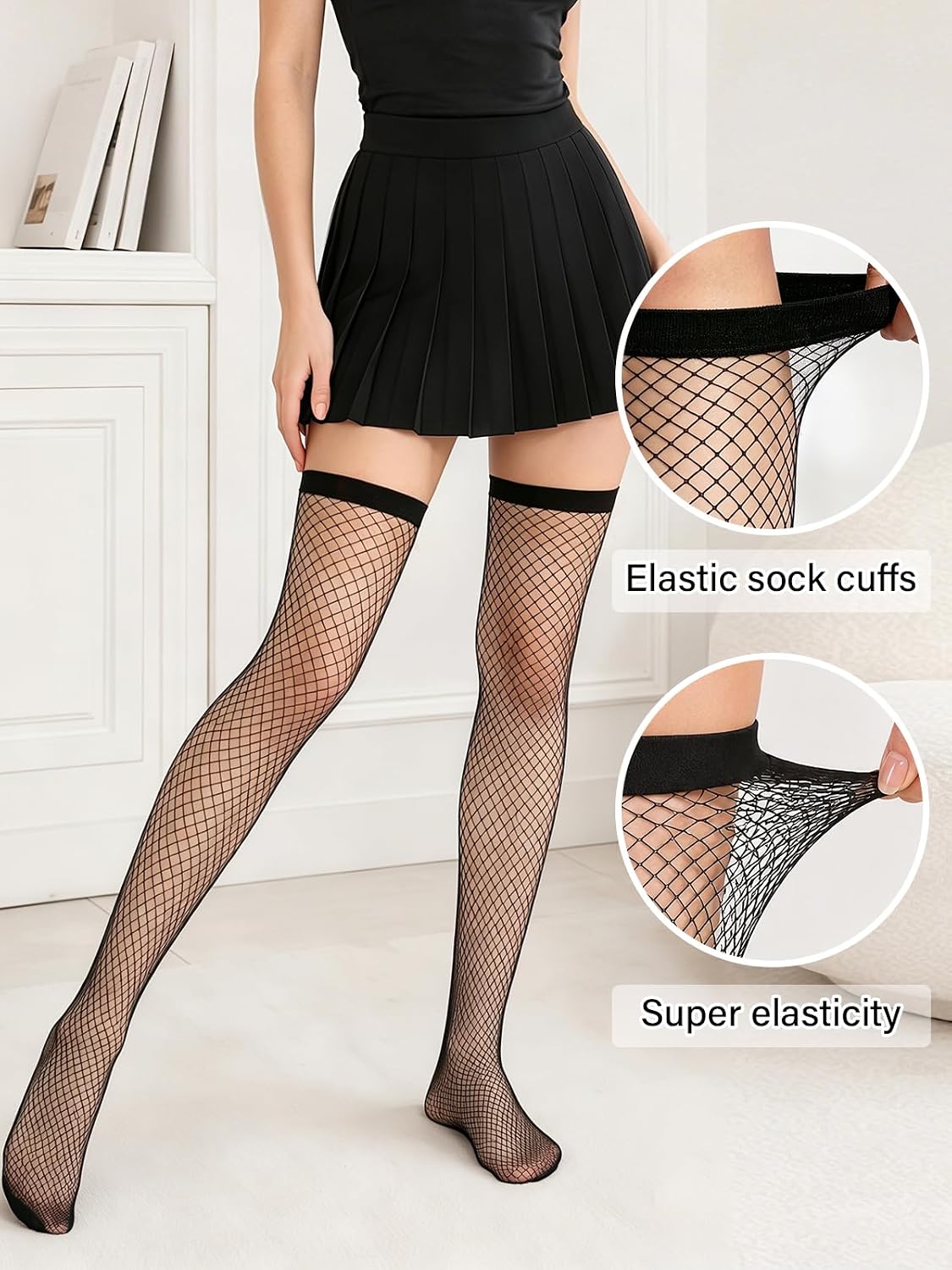 Moon Wood Plus Size Fishnet Thigh High Stockings with Silicone Stay Up Top - Black No Bow - view 4