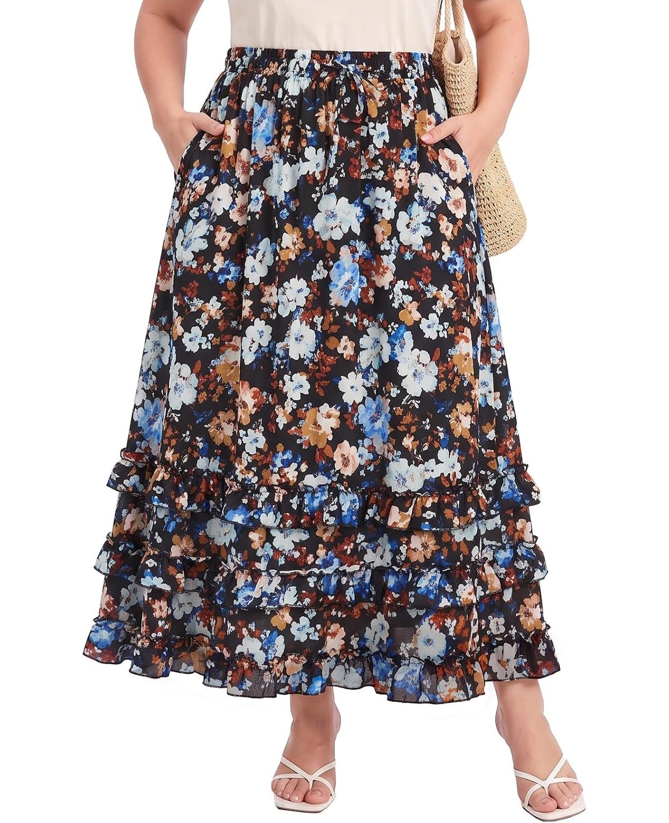 Moon Wood Plus Size Floral Maxi Skirts for Women Long Skirt with Pockets - Floral01